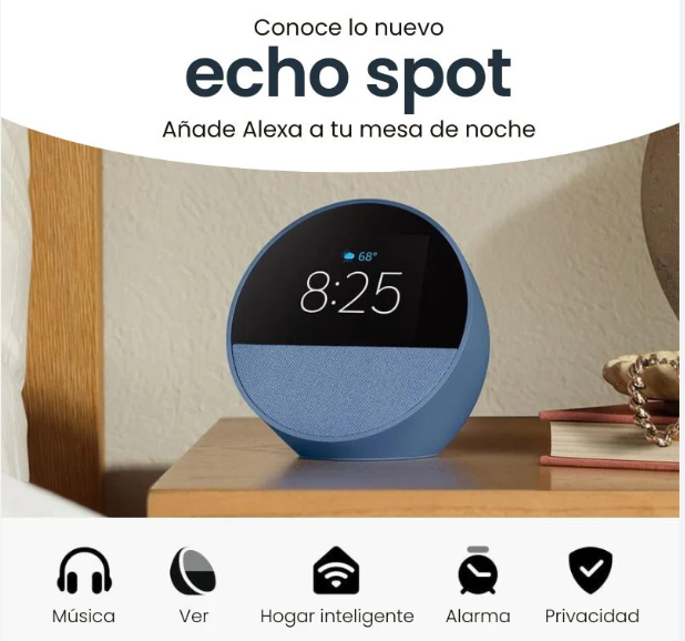 Amazon Echo Spot 2024 con pantalla táctil, sonido vibrante y Alexa