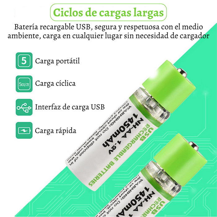 Pilas Recargables Usb AA 1450 mAh Baterías domésticas 1.2v