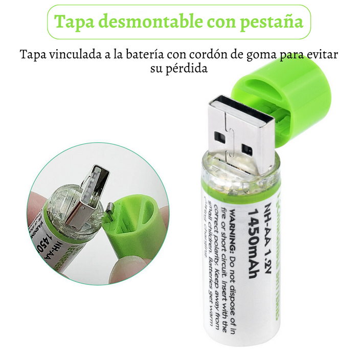 Pilas Recargables Usb AA 1450 mAh Baterías domésticas 1.2v